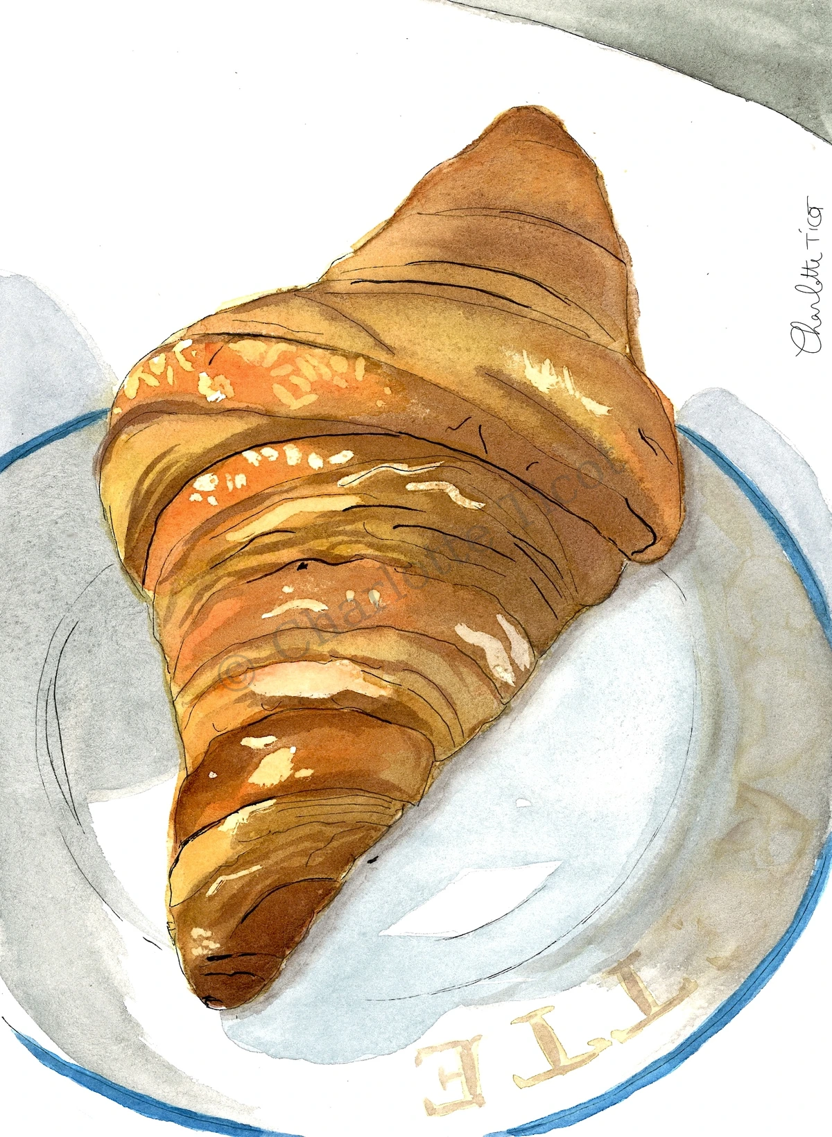 Croissant sur une assiette de bistrot parisien, illustration culinaire à l'aquarelle