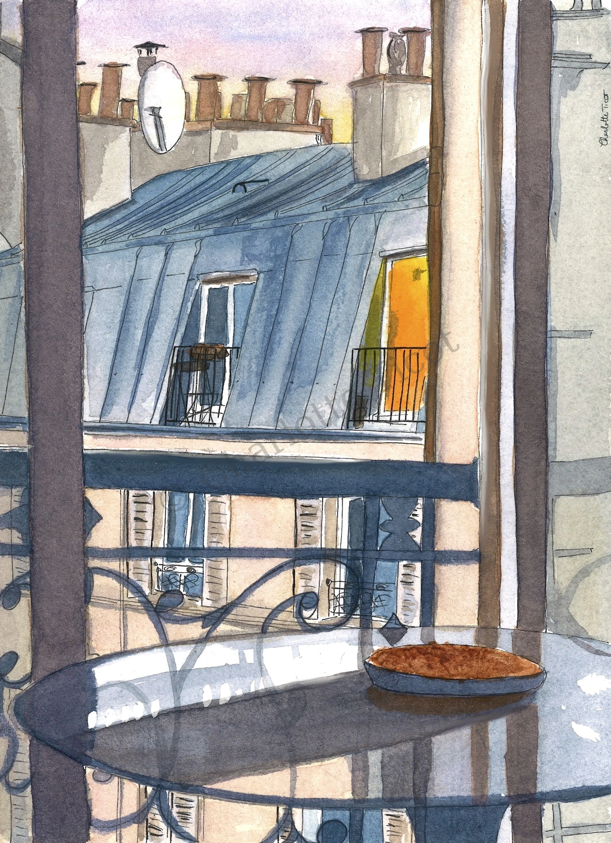 Toits de Paris et cheminées vus d'une fenêtre au crépuscule, illustration à l'aquarelle